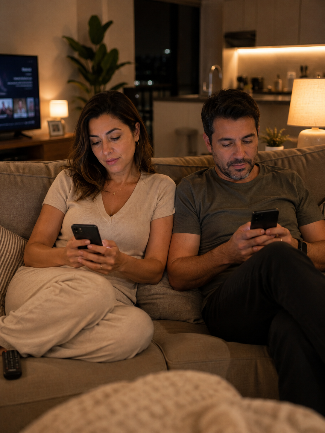 Casal junto em casa durante uma noite comum