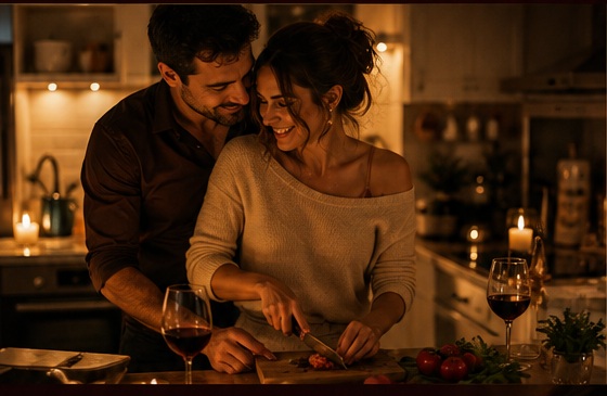 Casal preparando uma noite especial juntos